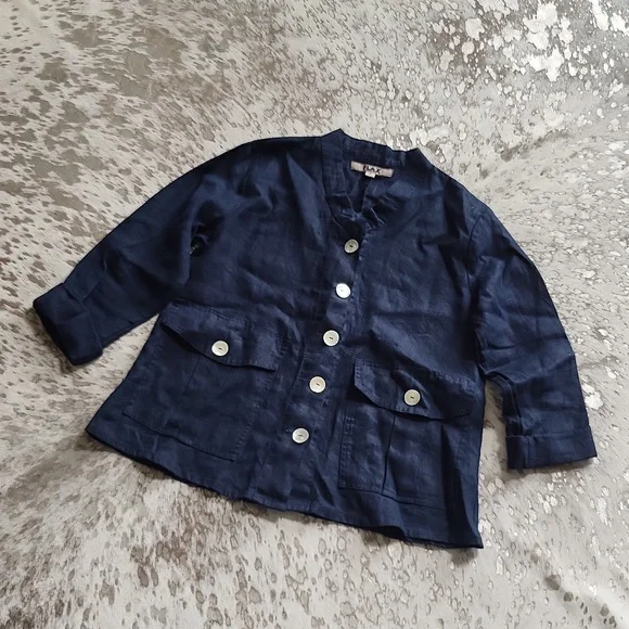 Flax Linen Collarless Button Down Shirt Jacket Roll Sleeve Sz4-6 - Picture 2 of 7